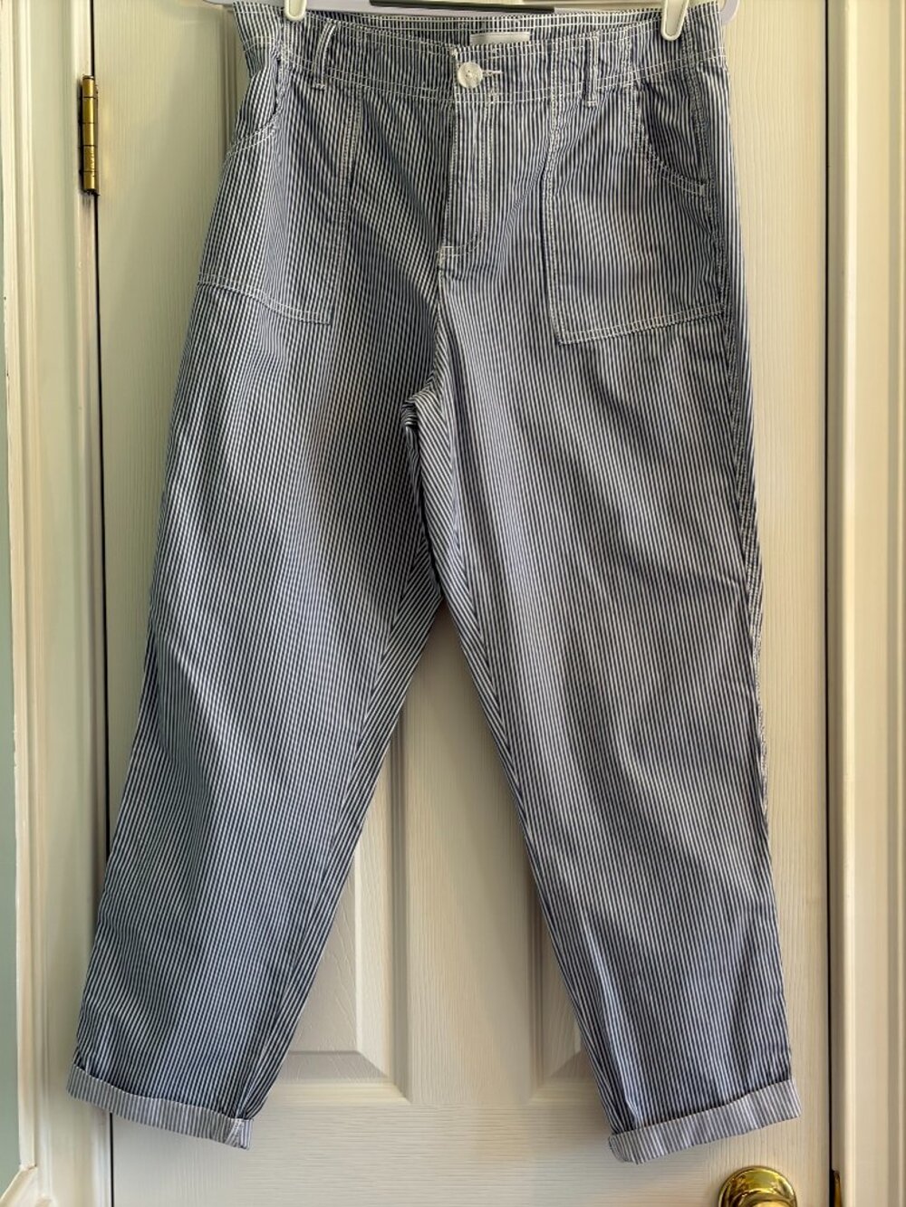 Liz Claiborne Classic Blue White Striped Belted Crop High Waist Pants Sz 6 NWOT